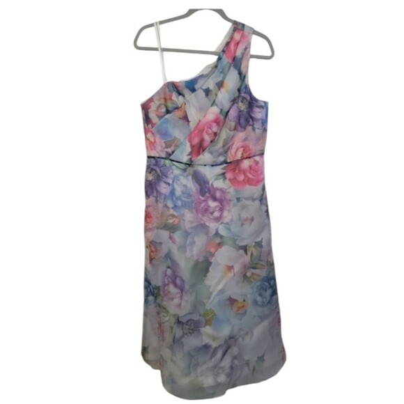 Adrianna Papell One Shoulder Ivory Sheer Floral Print Dress - Picture 2 of 4